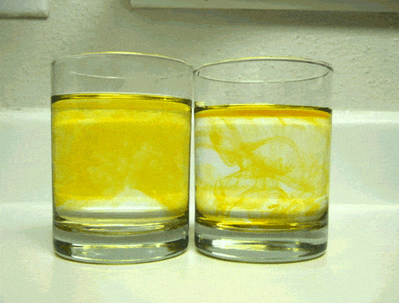 Yellow food coloring diffusing through water. The glass on the left contains hot water while the glass on the right is filled with colder water. Despite coloring was added to the hot water slightly after the cold water, it diffused more thoroughly in this glass. This effect is due to the higher kinetic energy of the hot water. (animation is 2x real-time).