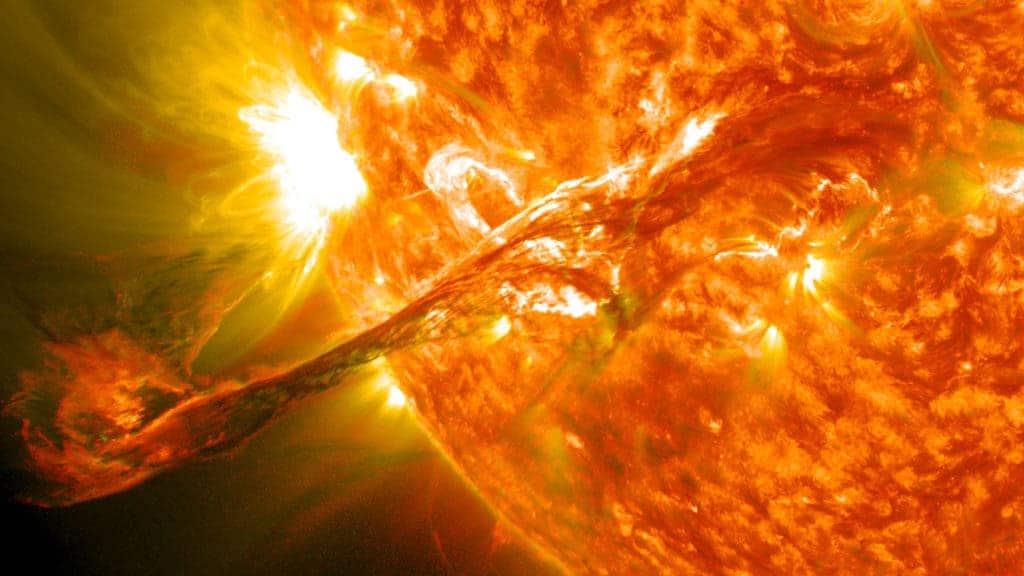 Amazing real-life image of a solar flare ejected on August 31, 2012 from the Sun's atmosphere, the corona, as seen from the Solar Dynamics Observatory. The flare caused an aurora on Earth on September 3. Credit: NASA/Wikimedia Commons.