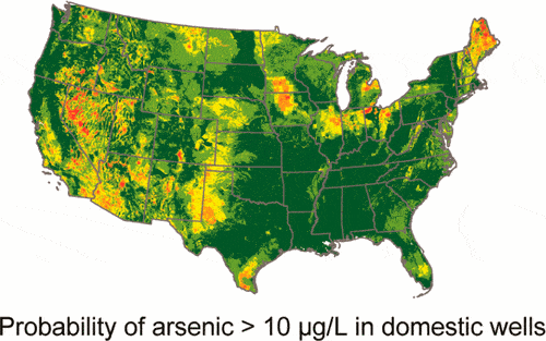 Arsenic concentrations from 20 450 domestic wells in the U.S. were used to develop a logistic regression model of the probability of having arsenic ></noscript>10 μg/L (“high arsenic”), which is presented at the county, state, and national scales. Credit: Environmental Science and Technology.