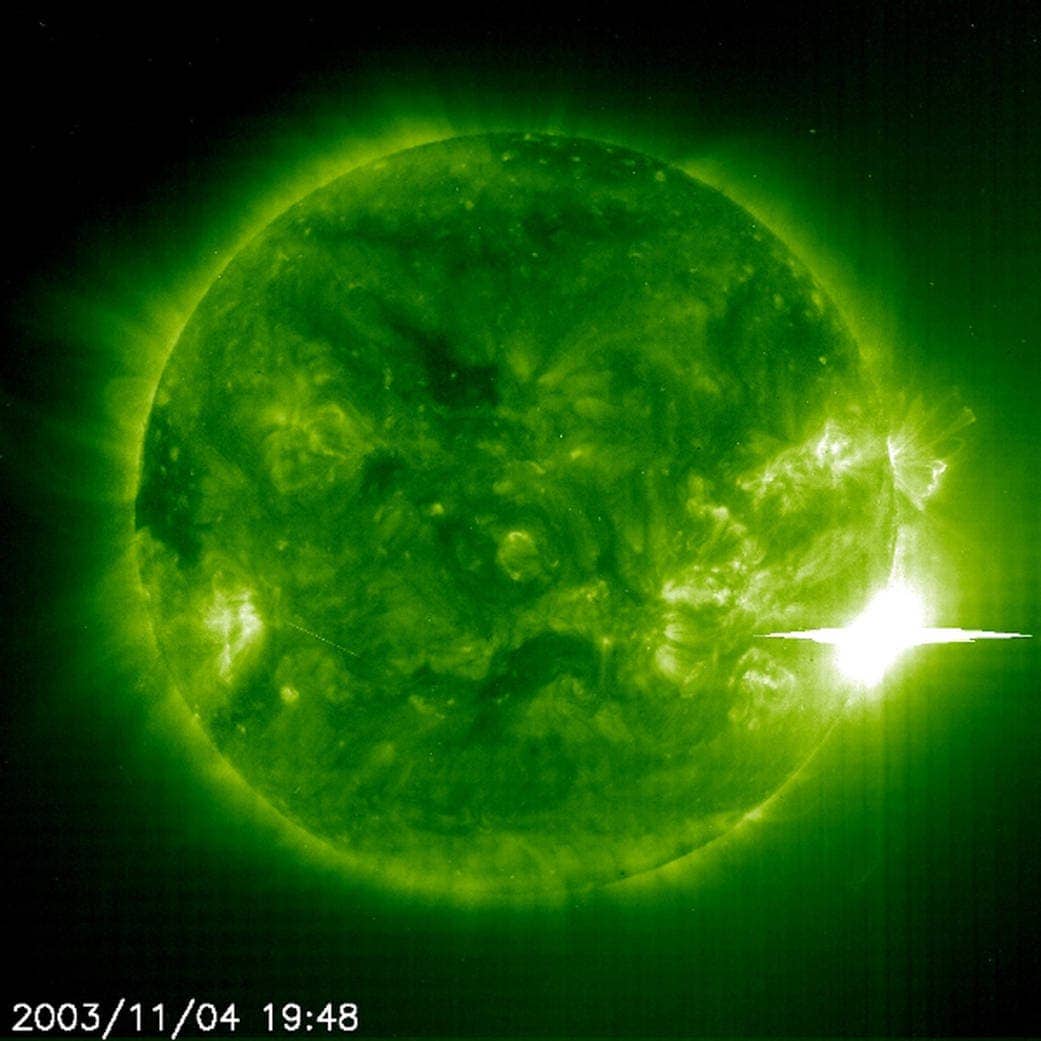 The Sun unleashed a powerful flare on 4 November 2003. The Extreme ultraviolet Imager in the 195A emission line aboard the SOHO spacecraft captured the event. Credit: ESA & NASA/SOHO