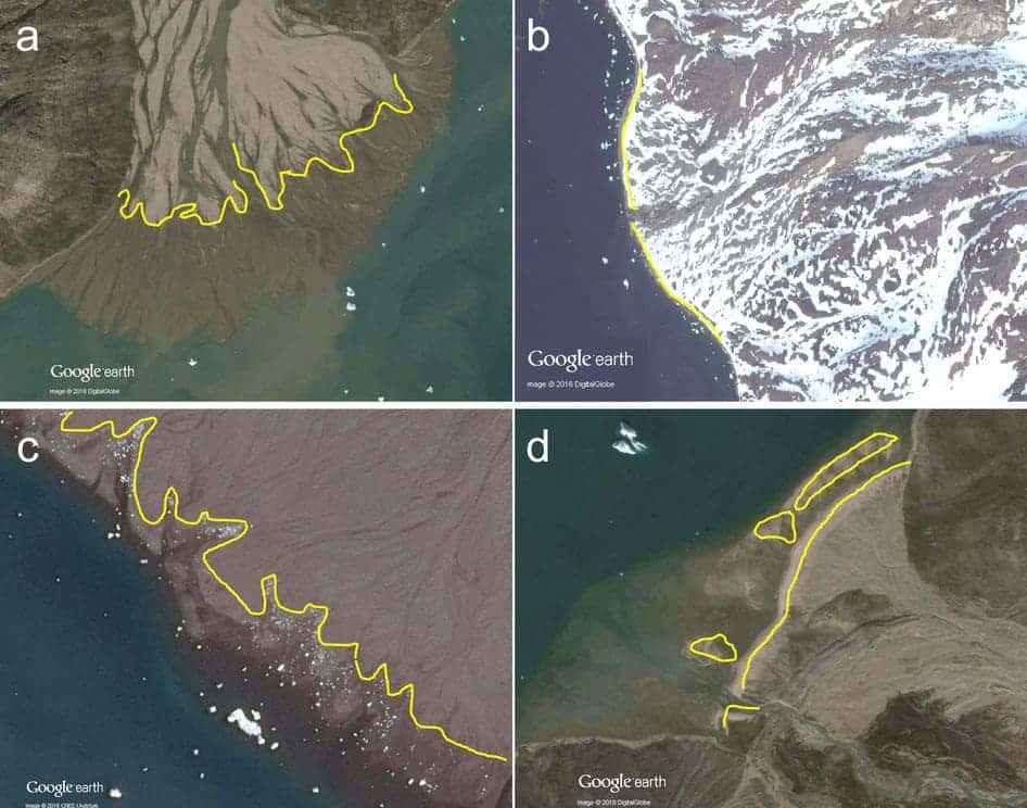 The land–water boundary is drawn where the high-water line (a) can be identified. Presence of snowcover (b) or icebergs (c) aids the identification process. Mouth bars (d) are included as part of the delta extent. Image credits: Bendixen et al / Nature, via Google Earth.