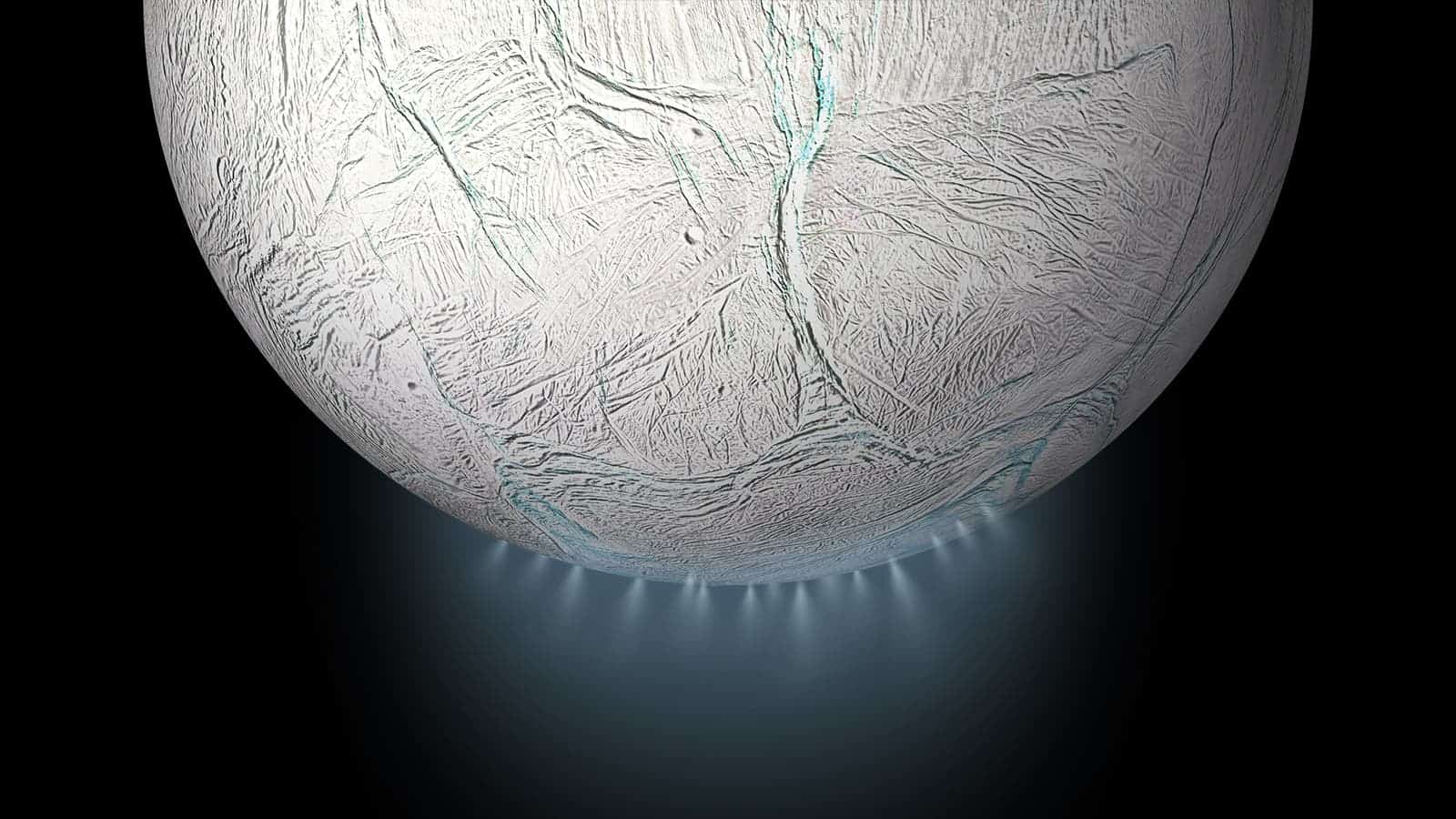 Artist impression of plumes gushing out of Enceladus' south pole. Credit: NASA.