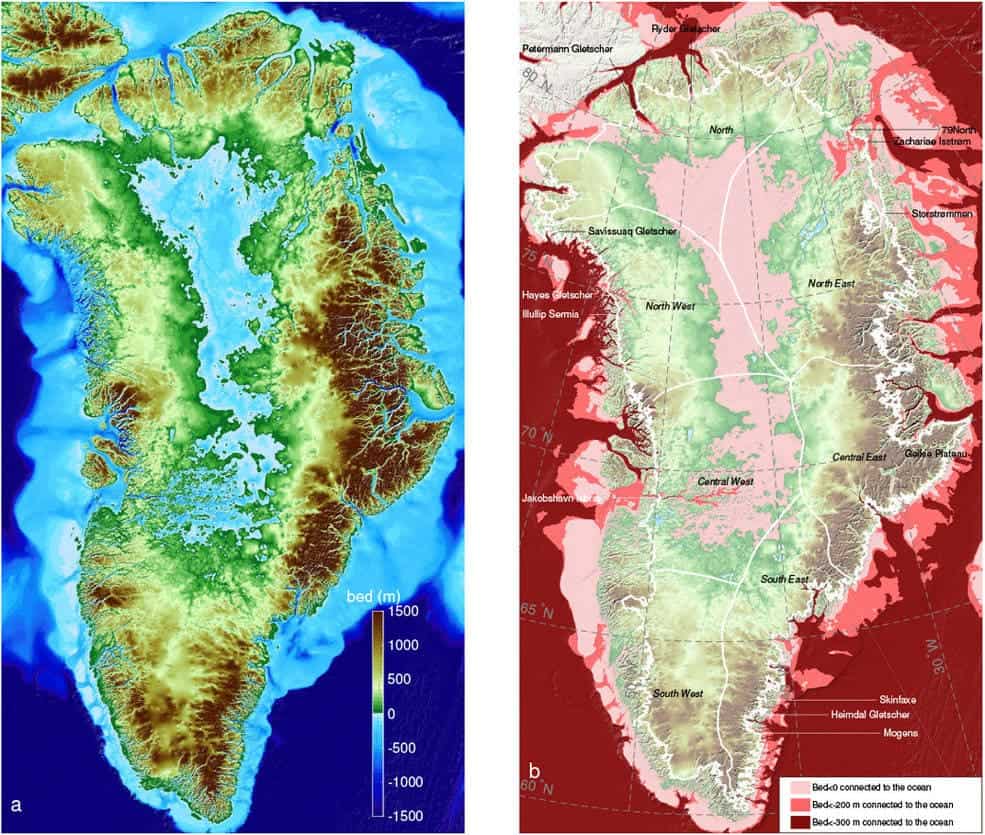 Left: Greenland topography color-coded from 4,900 feet (1,500 meters) below sea level (dark blue) to 4,900 feet above sea level (brown). Right: regions below sea level connected to the ocean, either shallower than 600 feet (200 meters, light pink); between 600 and 1,000 feet (300 meters, dark pink); or continuously deeper than 1,000 feet below sea level (dark red). The thin white line shows the current extent of the ice sheet. Image Credits: UCI.