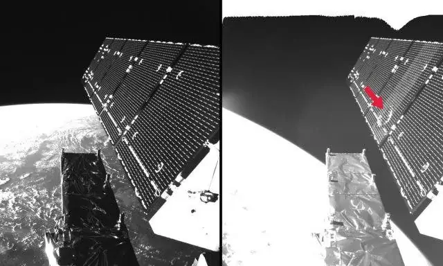 Damage to Sentinel-1A from a collision with a 1mm object. Credit: ESA.
