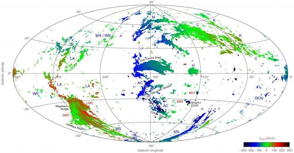 An all-sky map showing the radial velocity of neutral hydrogen gas belonging to the high-velocity clouds of the Milky Way and two neighbouring galaxies, the Large and Small Magellanic Clouds. Credit: ICRAR.