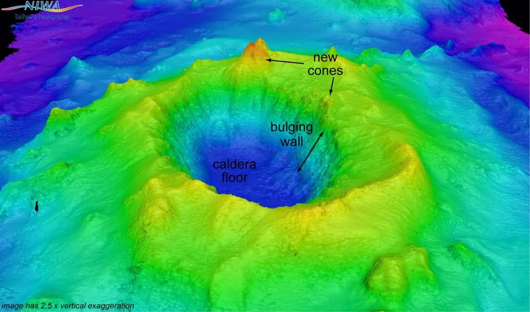 An echosounder image showing the undersea volcano called Havre Seamount, including a new cone that formed during the July 2012 eruption. Credit: NIWA/GNS Science.