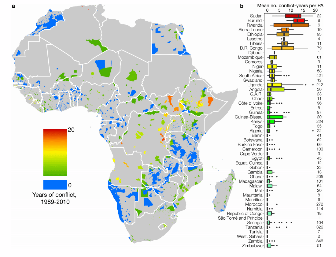 Distribution and frequency of armed conflict in African protected areas for the restricted interval, 1989–2010. Credit: University of Princeton. 