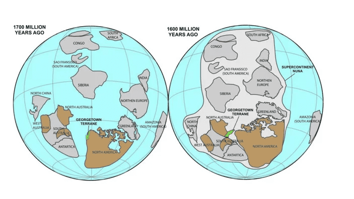 Georgetown area while still attached to North America (left). About 100 million years later, Georgetown joined the North Australia landmass. Credit: Journal Geology.