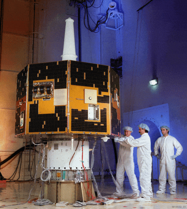 NASA technicians inspecting IMAGE. Credit: NASA. 