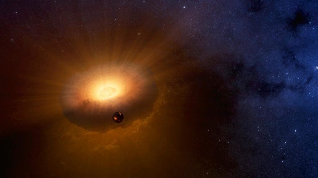 This artist's rendering shows the hot, molten Moon emerging from a synestia, a giant spinning donut of vaporized rock that formed when planet-sized objects collided. Credit: Sarah Stewart/UC Davis based on NASA rendering.