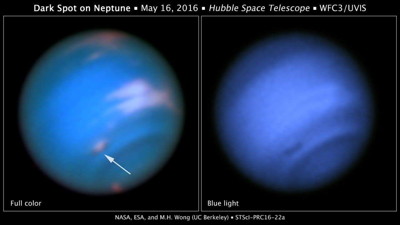 Dark spot on Neptune full color (left) and blue light (right).