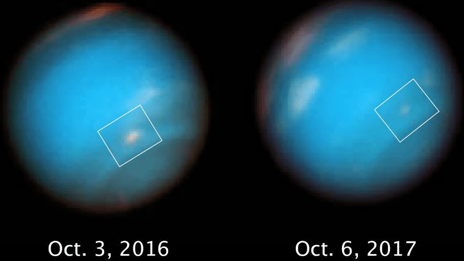Observations show how Neptune's dark vortex is slowly fading into oblivion. Credit: NASA, UC Berkeley.