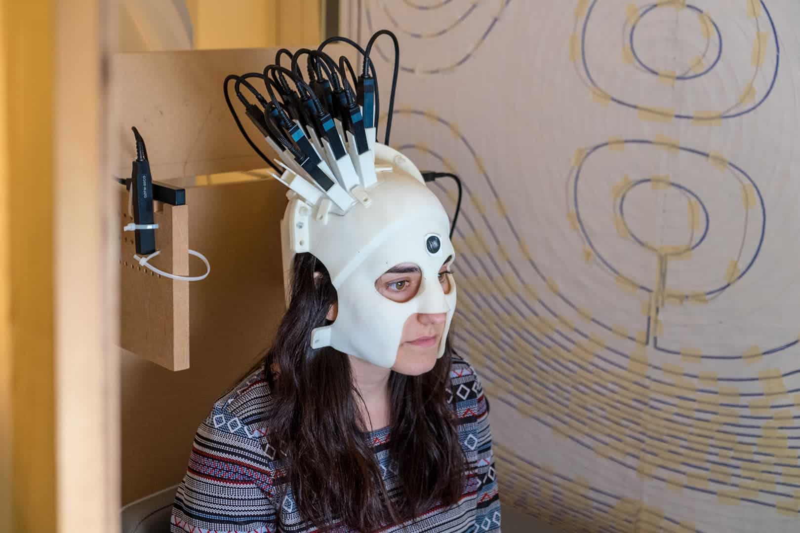 The new generation of brain scanner that can be worn like a helmet. It allows patients to move naturally whilst being scanned. Credit: University of Notthingham.