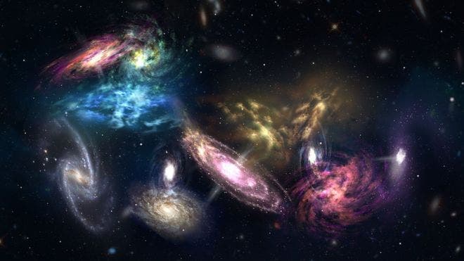 An artist's impression of the 14 colliding galaxies. NRAO/AUI/NSF/S. DAGNELLO.