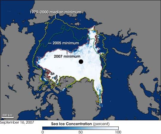 The sea ice minimum in 2007-- it keeps gets smaller and smaller. Image credits: NASA.