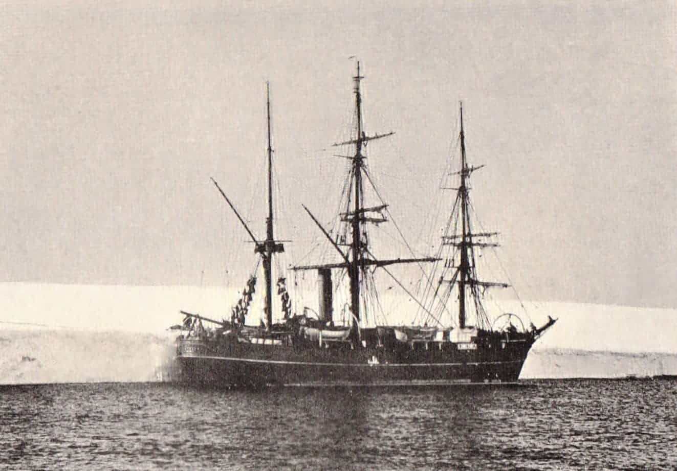 Antarctic expedition ship Discovery anchored to the ice, 1902.