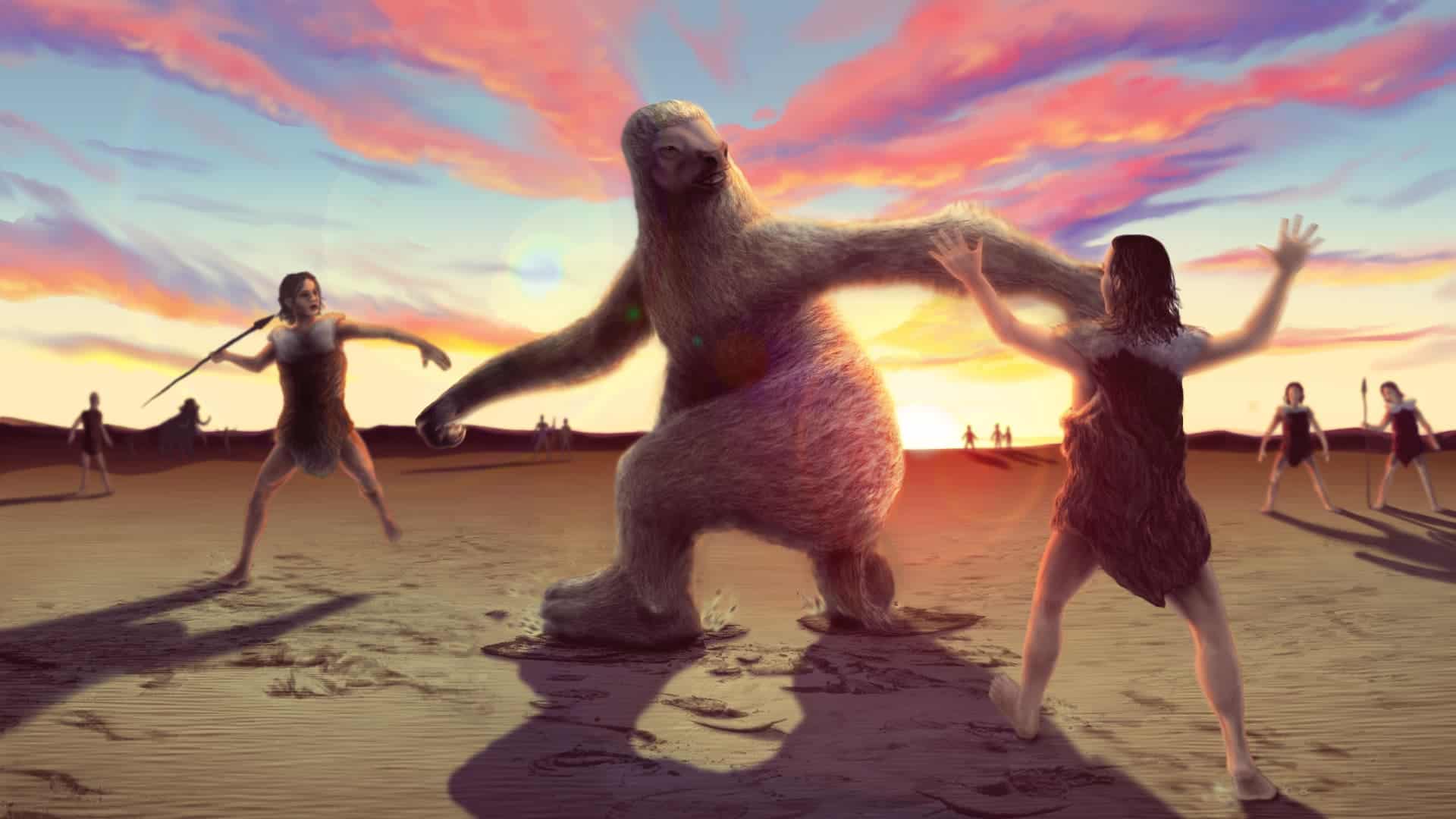 An artist's illustration of an ancient encounter between human hunters and a giant ground sloth. Credit: Alex McClelland/Bournemouth University.