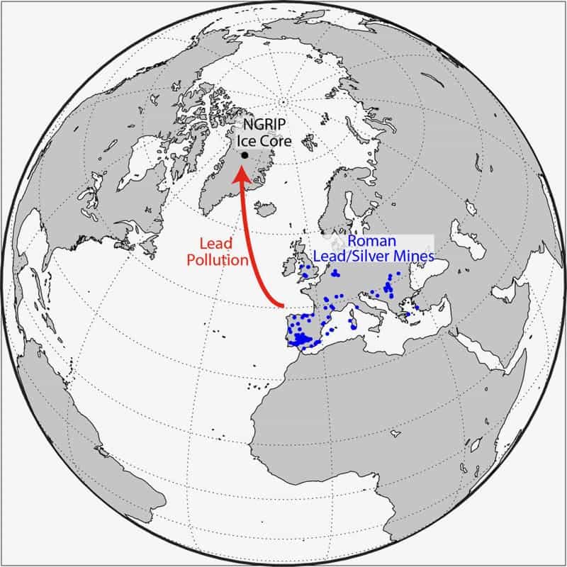 Map showing location of an ice core in relation to Roman lead/silver mines. Credit: DRI.