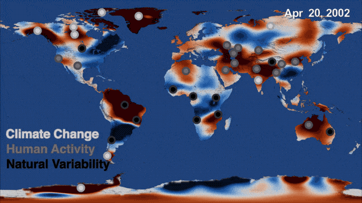 This map depicts a time series of data collected by NASA's Gravity Recovery and Climate Experiment (GRACE) mission from 2002 to 2016, showing where freshwater storage was higher (blue) or lower (red) than the average for the 14-year study period. Credit: NASA.