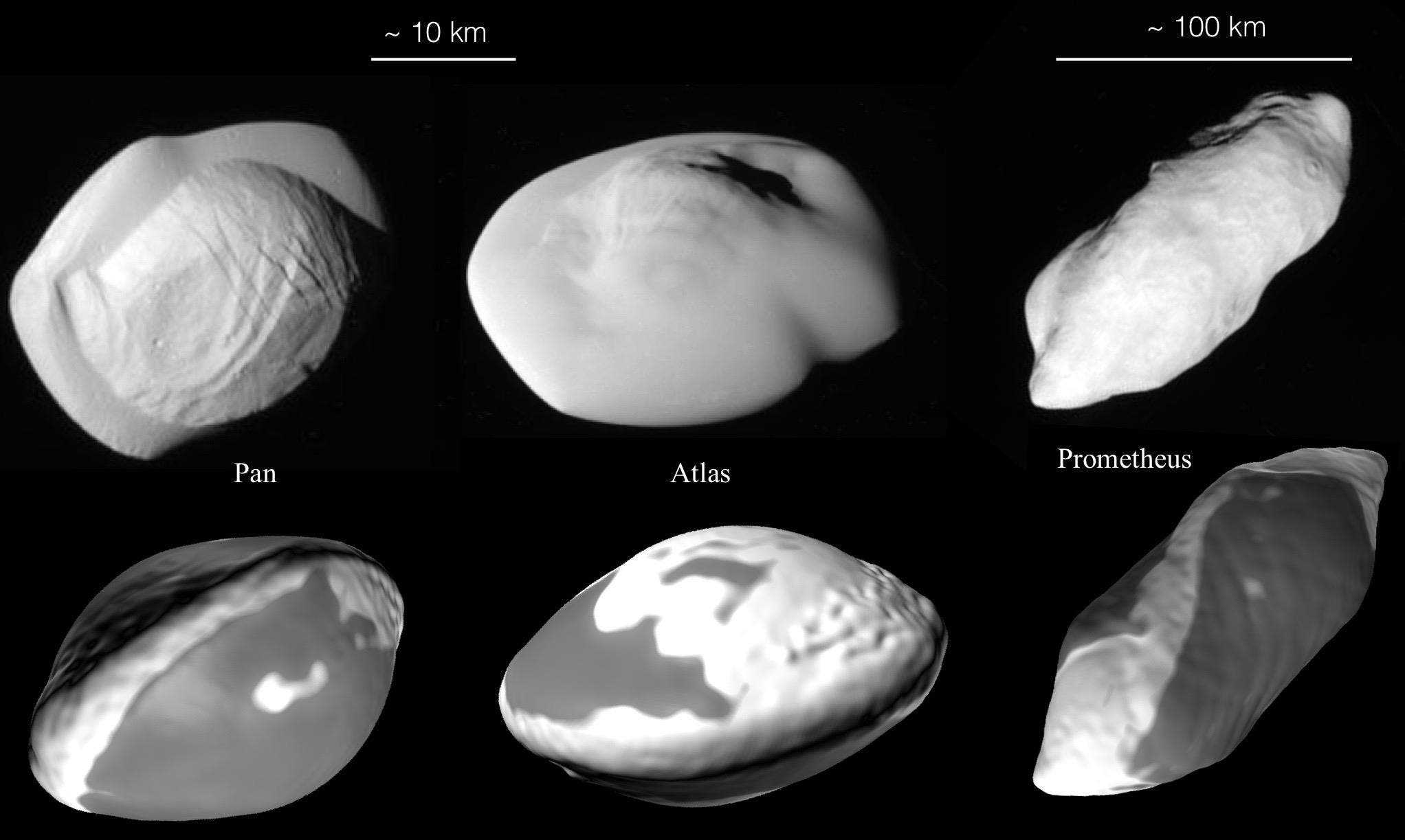 The top row shows 3 small moons of Saturn imaged by the Cassini spacecraft. Shown at the bottom are computer model outcomes. The simulations not only reproduce the shapes, but may also explain why the ridges on Pan and Atlas look different from the rest of their bodies: they are made of smoother material that was squeezed out during the merging process. Image credits: NASA/JPL-Caltech/Space Science Institute/University of Bern.