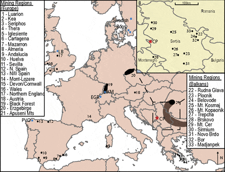 Map of Europe indicating location of Crveni Potok (red star). Also presented are locations of major metallogenic mining regions exploited before 1,800 CE (85) and the Banatitic Magmatic and Metallogenic Belt (highlighted in brown). Credit: PNAS.