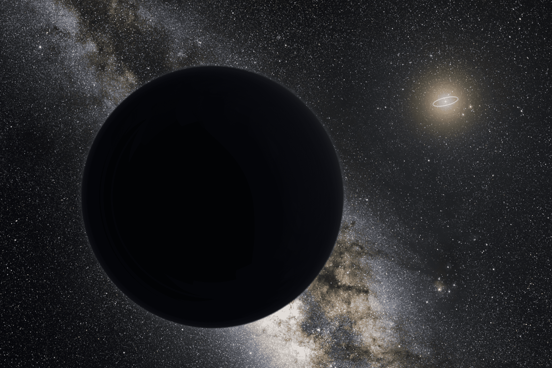 Artist's impression of Planet Nine as an ice giant eclipsing the central Milky Way, with a star-like Sun in the distance. Neptune's orbit is shown as a small ellipse around the Sun. The sky view and appearance are based on the conjectures of its co-proposer, Mike Brown. Credit: Tom Ruen, Wikimedia Commons.