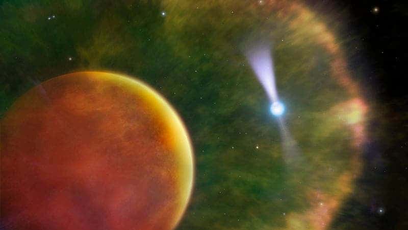 Artist impression of brown dwarf star orbiting a pulsar, which is slowly eroding the former. Credit: Dunlap Institute for Astronomy & Astrophysics, University of Toronto.