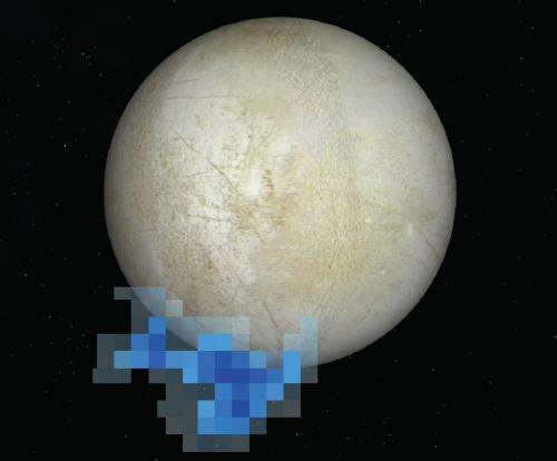 A graphic showing water emissions detected above Europa in Hubble Space Telescope observations from December 2012. Credit: NASA/ESA/L. Roth/SWRI/University of Cologne.