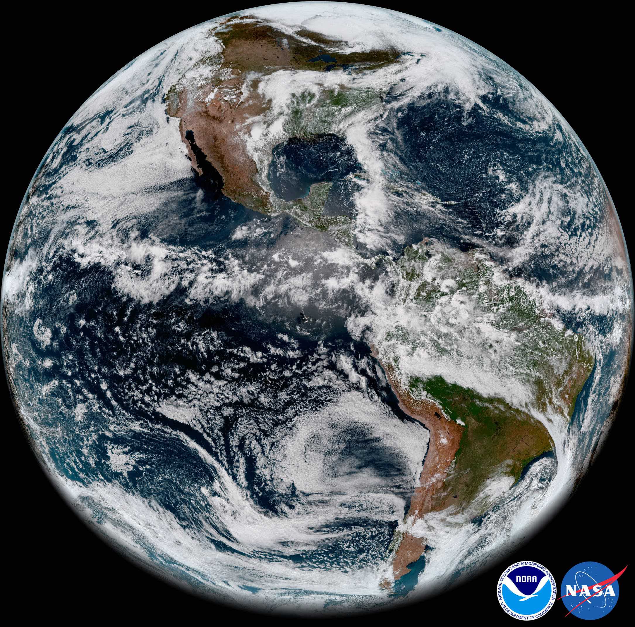 The new satellite took this full-disk snapshot of Earth’s Western Hemisphere from its checkout position at 12:00 p.m. EDT on May 20, 2018, using the Advanced Baseline Imager (ABI) instrument. Credit: NOAA/NASA.