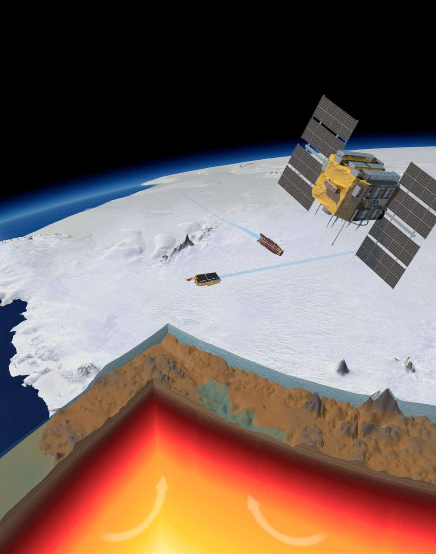 A picture of Amundsen Sea Embayment in West Antarctica with the ice sliced to show the bedrock and the earth cut to show the crust (brown) the bottom of the lithosphere (red area) and the mantle (yellow). Credit: Planetary Visions/ESA.