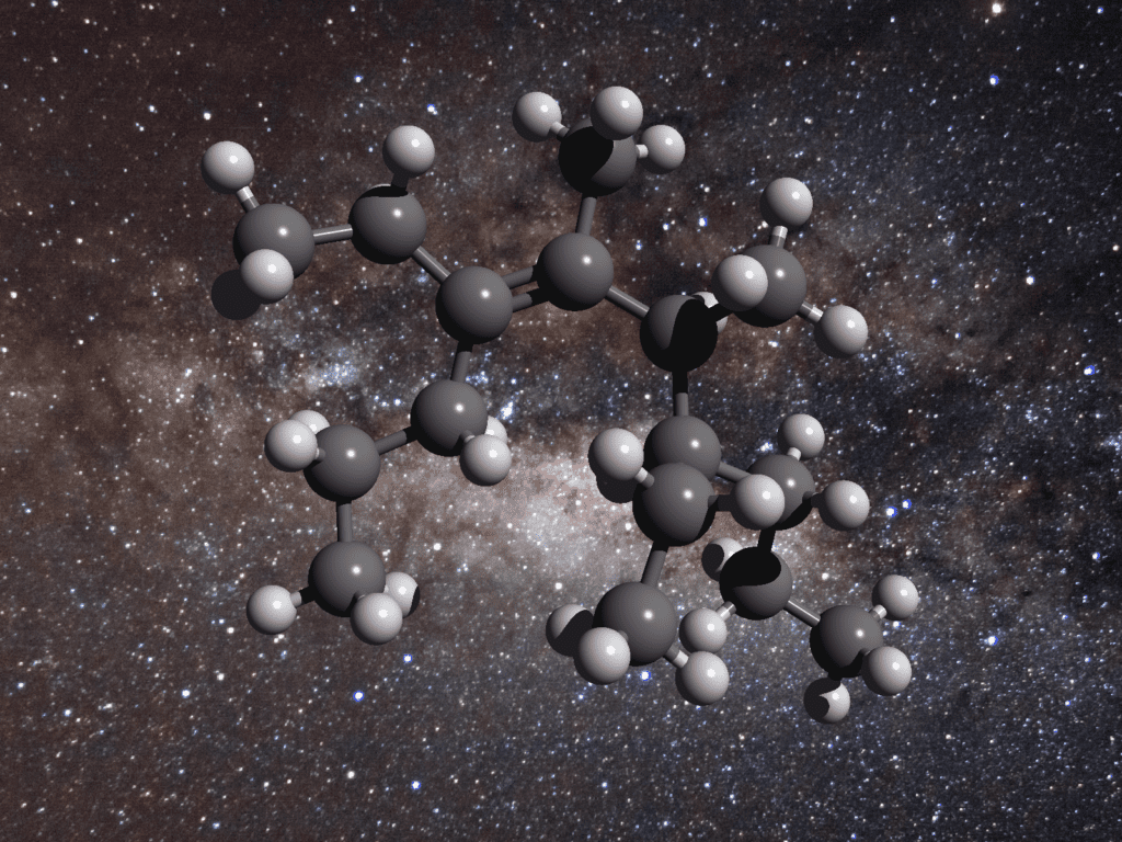 Illustration of the structure of a greasy carbon molecule. In this picture, carbon atoms are colored grey while hydrogen atoms are white spheres. Credit: Royal Astronomical Society.