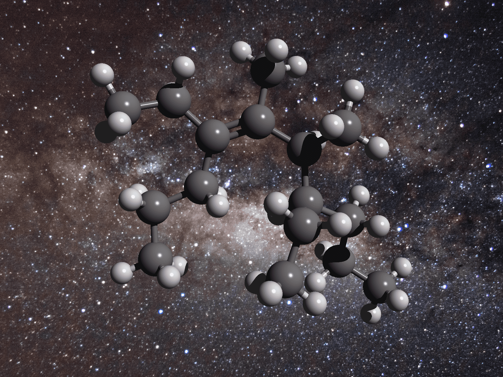 Illustration of the structure of a greasy carbon molecule. In this picture, carbon atoms are colored grey while hydrogen atoms are white spheres. Credit: Royal Astronomical Society.