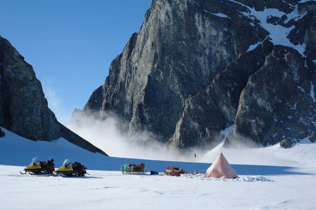 A British Antarctic Survey two-man field camp next to The Obelisk on Alexander Island, Antarctic Peninsula. Image credits:  Hamish Pritchard, BAS.