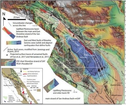 Map showing the faults and uplifting late Cenozoic basin fill (gray) of southeastern California. Image Credits: Jänecke et al. and Lithosphere.