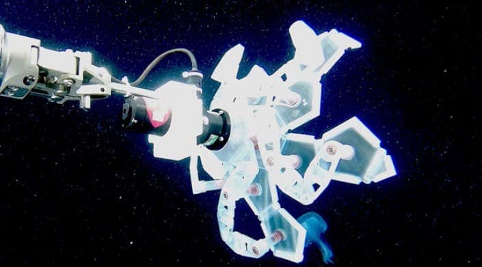 The rotary actuated dodeahedron (RAD) sampler has five origami-inspired “petals", which fold up to capture a soft-bodied marine organism, such as a jellyfish. Credit: Wyss Institute at Harvard University. 