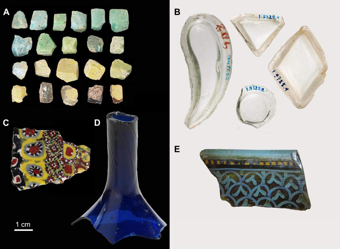 The glass fragments used in this study. Image credits: Images A, C and D from the Victoria and Albert Museum, London [http://collections.vam.ac.uk]; images B and E from the Museum für islamische Kunst / Staatliche Museen zu Berlin [www.smb-digital.de/eMuseumPlus].