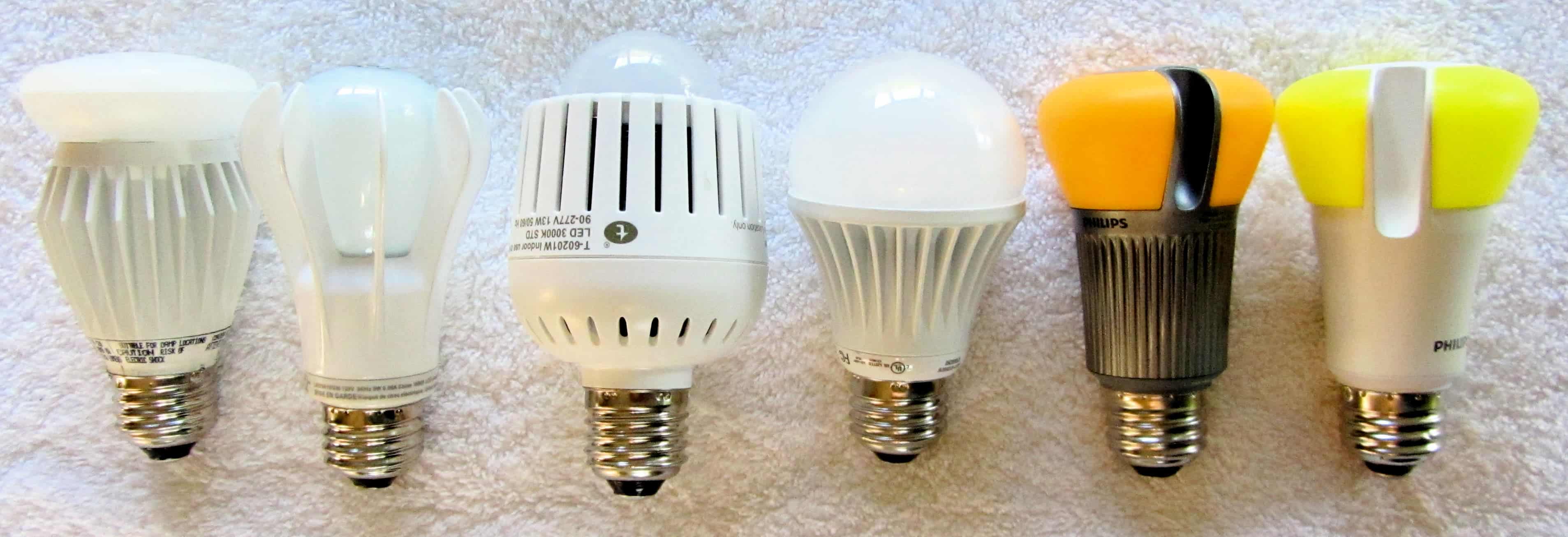 Some of the LED lightbulbs available to the consumer as screw-in replacements for standard incandescent bulbs. Photo by Geoffrey A. Landis.