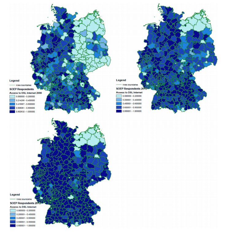 The figure illustrates the share of SOEP households with access to DSL for the survey years 2008, 2010 and 2012 across German counties. Darker blue areas correspond to higher levels of DSL access in the corresponding county. Credit: F.C. Billari et al. / Journal of Economic Behavior and Organization.