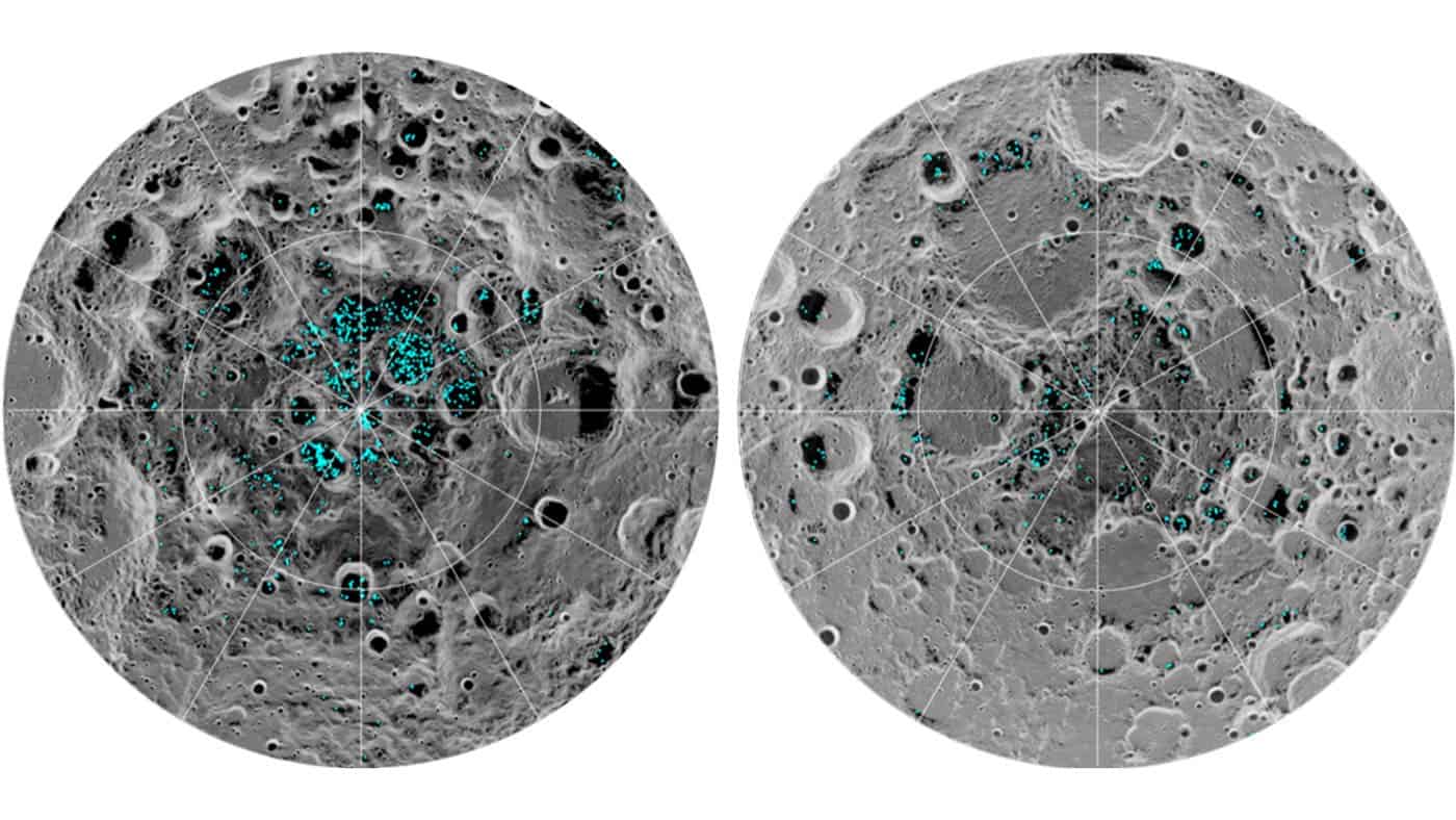 The image shows the distribution of surface ice at the Moon's south pole (left) and north pole (right), detected by NASA's Moon Mineralogy Mapper instrument. Blue represents the ice locations, plotted over an image of the lunar surface, where the gray scale corresponds to surface temperature (darker representing colder areas and lighter shades indicating warmer zones). The ice is concentrated at the darkest and coldest locations, in the shadows of craters. This is the first time scientists have directly observ.ed definitive evidence of water ice on the Moon's surface. Credits: NASA
