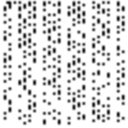 Prime numbers, plotted as dots -- the so-called sieve of Eratosthene.