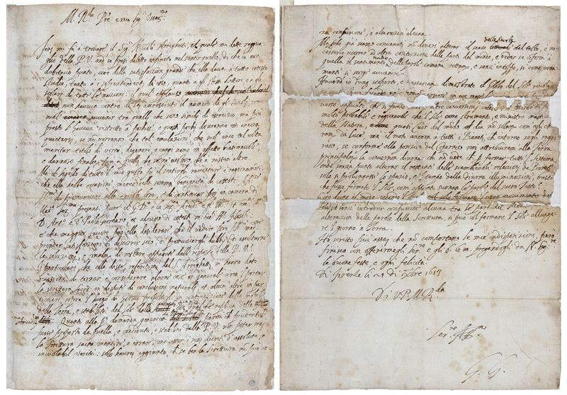 The first and last page of the letter Galileo sent to Benedetto Castelli, which shows the famous “G. G.” signature. Credit: The Royal Society.