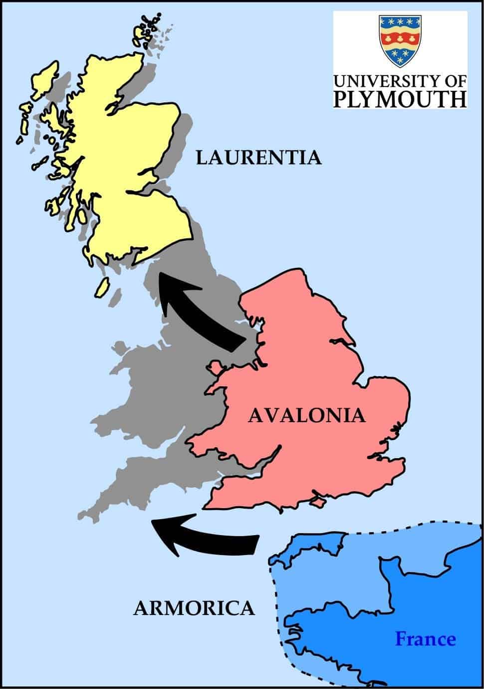 This graphic shows how the ancient land masses of Laurentia, Avalonia and Armorica would have collided to create the countries of England, Scotland and Wales. Credit: University of Plymouth