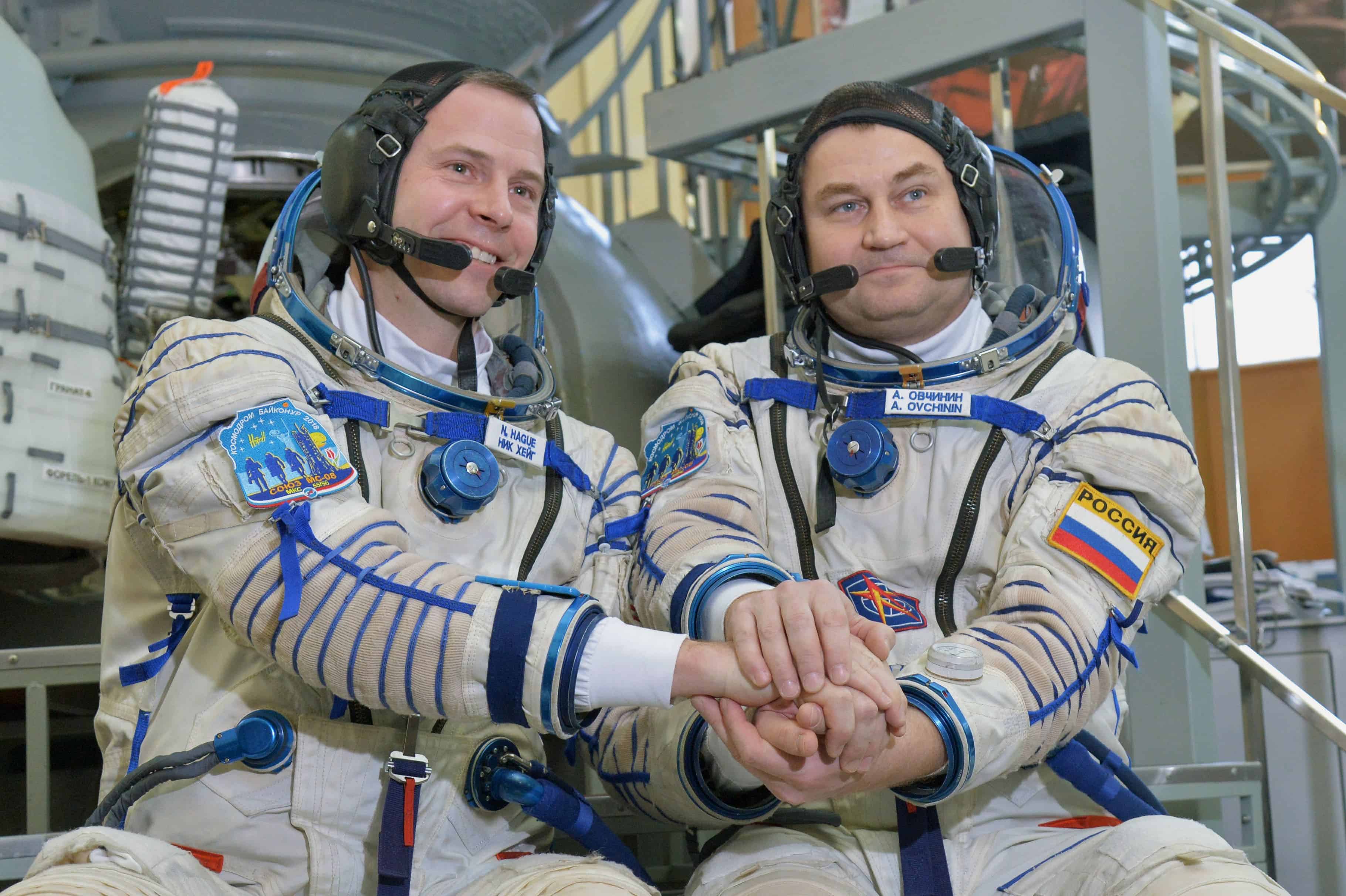 At the Gagarin Cosmonaut Training Center in Star City, Russia, Expedition 55 backup crew members Nick Hague of NASA (left) and Alexey Ovchinin of Roscosmos (right) pose for pictures during a day of qualification exams Feb. 20, 2018. Credit: Wikimedia Commons.