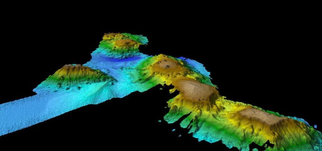 Researchres found a chain of underwater volcanoes 400 kilometers (250 miles) east of Tasmania. Credit: CSIRO.