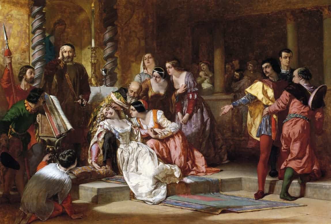 Depiction of the Church scene in Much Ado About Nothing by William Shakespeare, by Alfred W. Elmore.