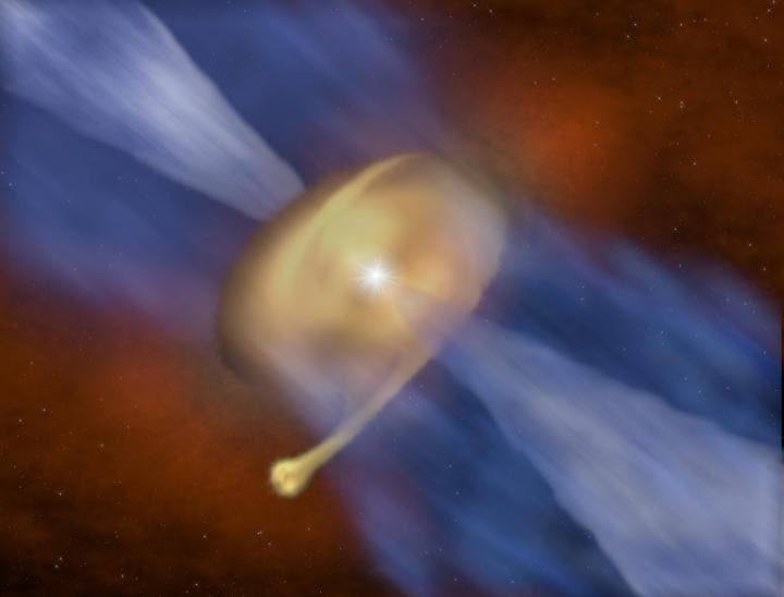 Artist impression of the disc of dust and gas surrounding the massive protostar MM 1a, with its companion MM 1b forming in the outer regions. Credit: J. D. Ilee / University of Leeds.
