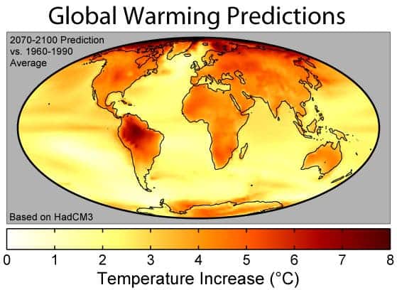 This figure shows the predicted distribution of temperature change due to global warming from Hadley Centre HadCM3 climate model -- a Heisszeit.