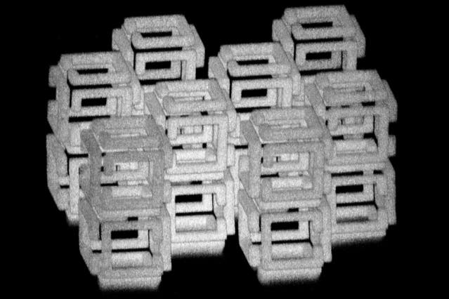 MIT engineers have crafted a new technique to create 3-D nanoscale structures by first making a larger structure and then shrinking it. The image shows a complex structure prior to shrinkage. Credit: Daniel Oran.