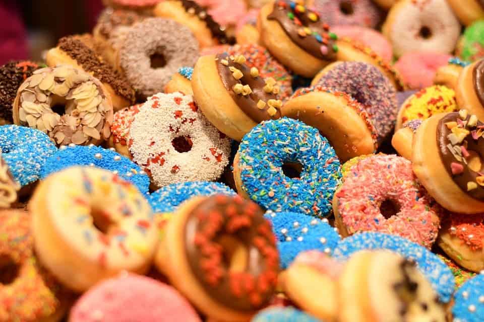 Appealing? Yes. Healthy? Not really. Donuts and other sweets are among the most popular workplace foods, though they offer little in the way of nutrition and contain lots of sugars and unsaturated fats. 
Image in public domain.