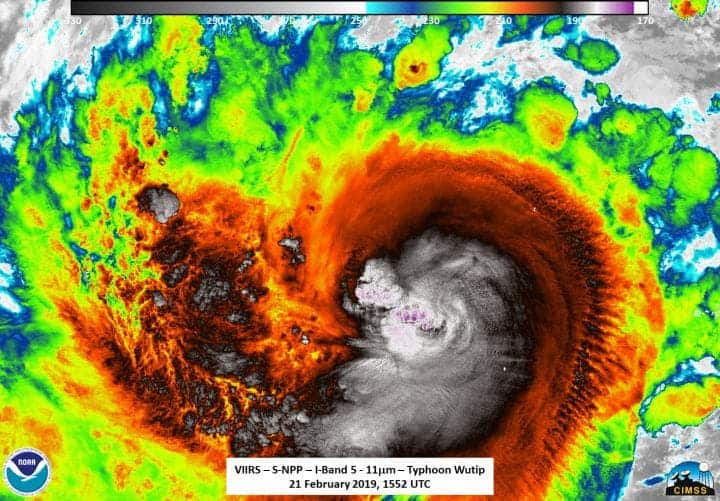 NASA-NOAA's Suomi NPP satellite provided an infrared look at Typhoon Wutip on February 21, 2019. Image credits: NASA/NOAA/Williams Straka III/UWM/CIMSS.